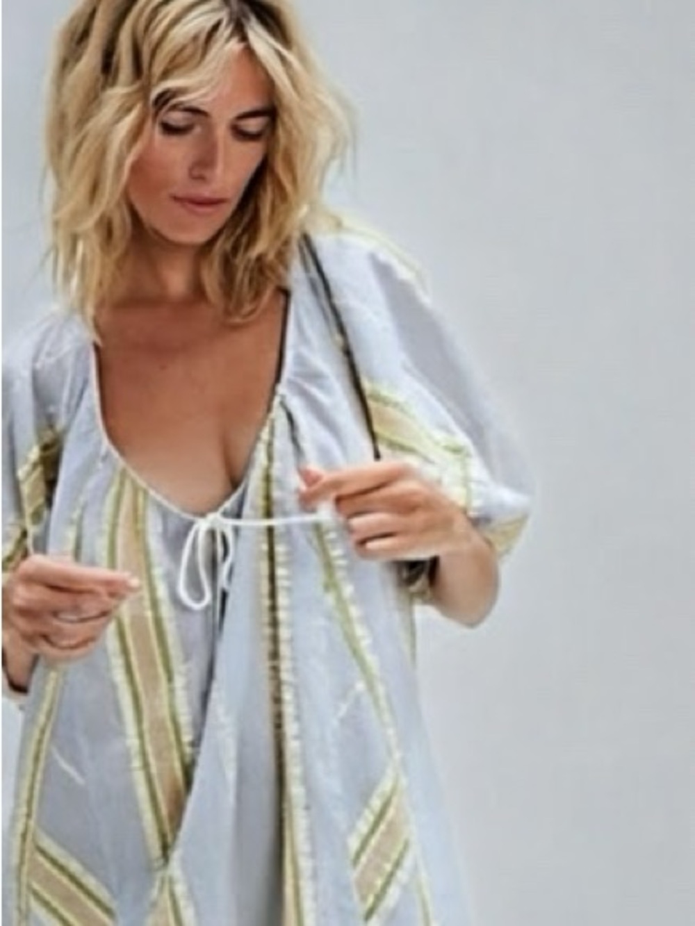 Lavender Boho Tie-Front Romper with Yellow Stripe Detail